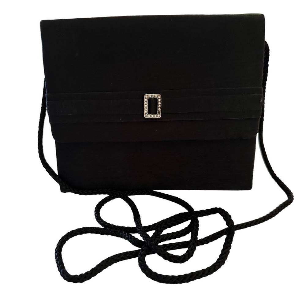 Square Satin Mini Bag With Fold-over Top and Magnetic Closure Rhinestone…